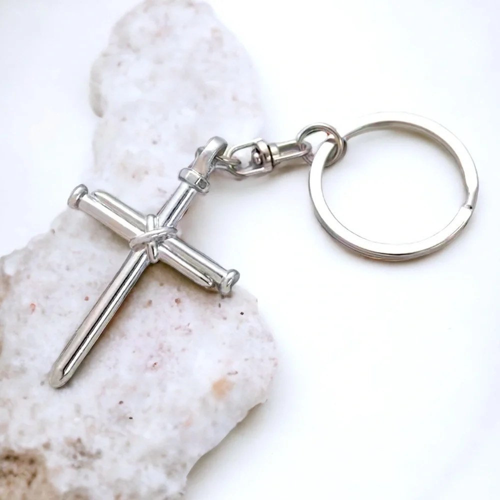 3 Nail Cross Keychain Religious Christian Key Ring Accessory Silver Unisex Gift